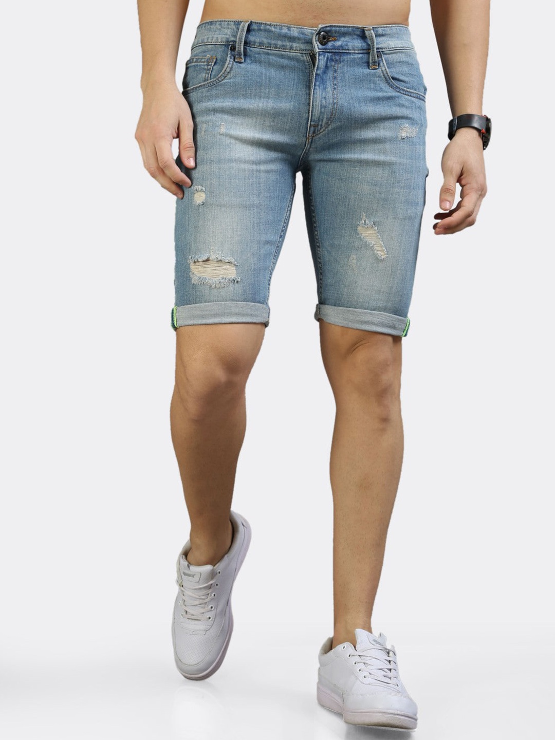 

BADMAASH Men Skinny Fit Washed Distressed Denim Shorts, Blue