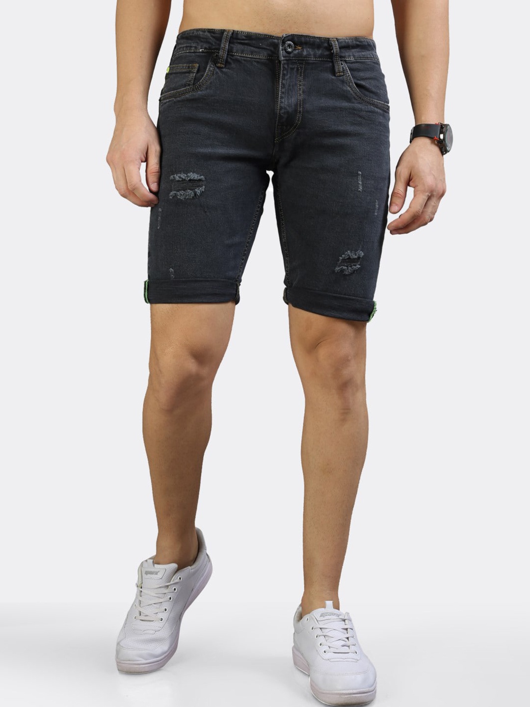 

BADMAASH Men Skinny Fit Distressed Denim Shorts, Blue