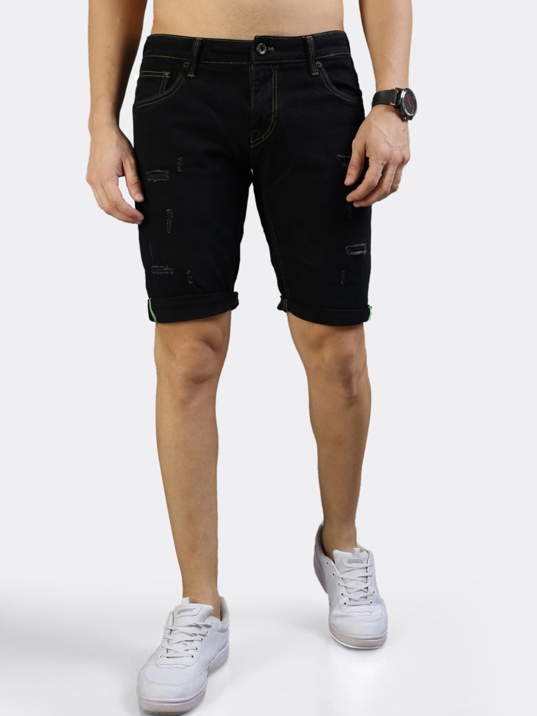 

BADMAASH Men Skinny Fit Distressed Denim Shorts, Navy blue