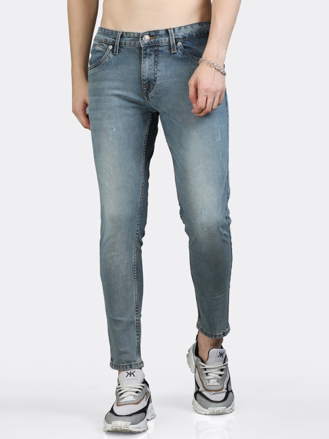 

BADMAASH Men Slim Fit Low Distress Heavy Fade Stretchable Jeans, Blue