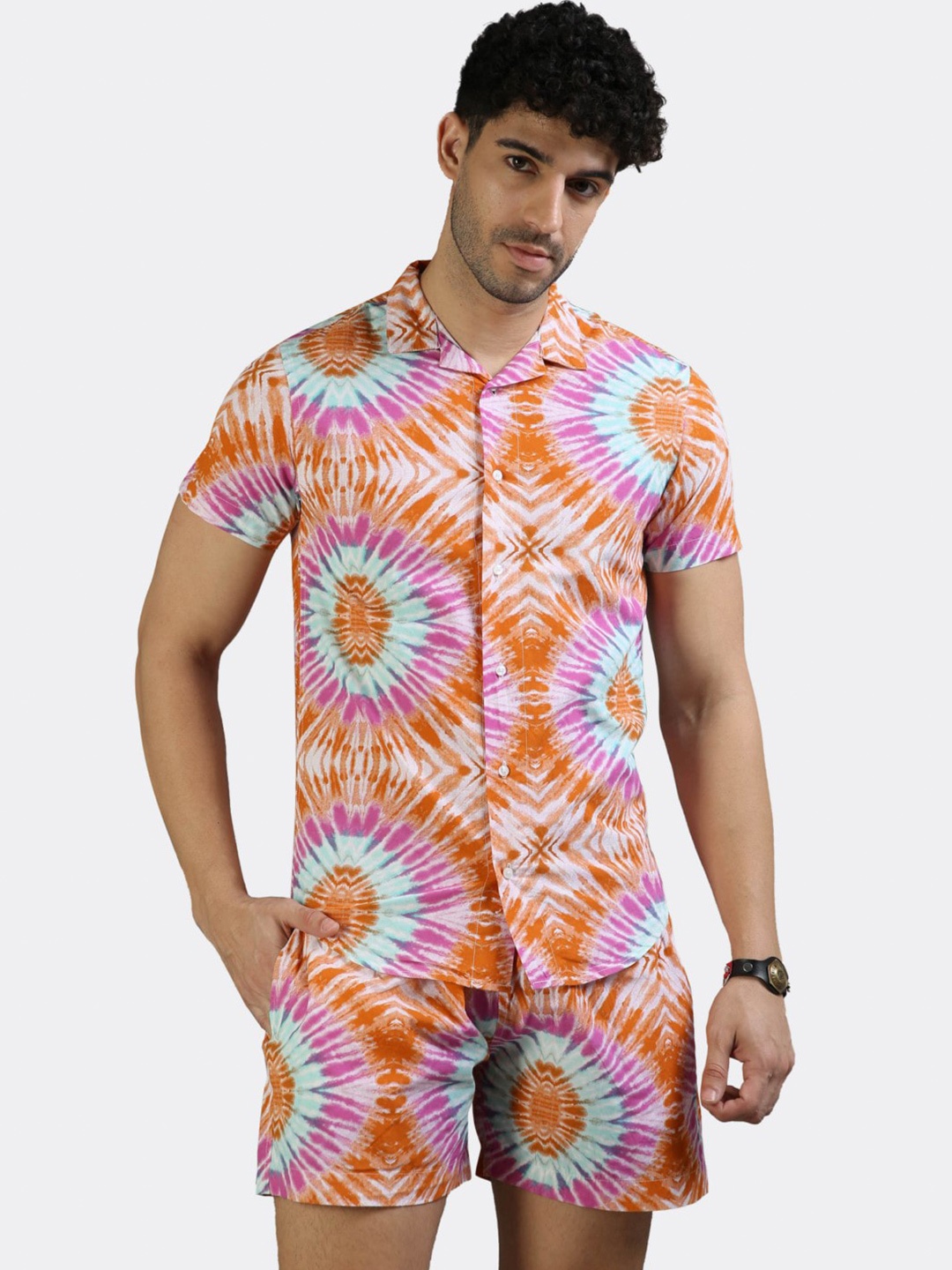 

BADMAASH Tie & Dye Printed Pure Cotton Shirt And Shorts, Orange