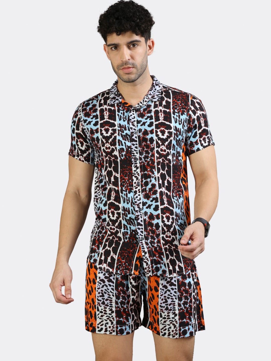 

BADMAASH Animal Printed Shirt Collar Short Sleeve Shirt With Shorts, Orange