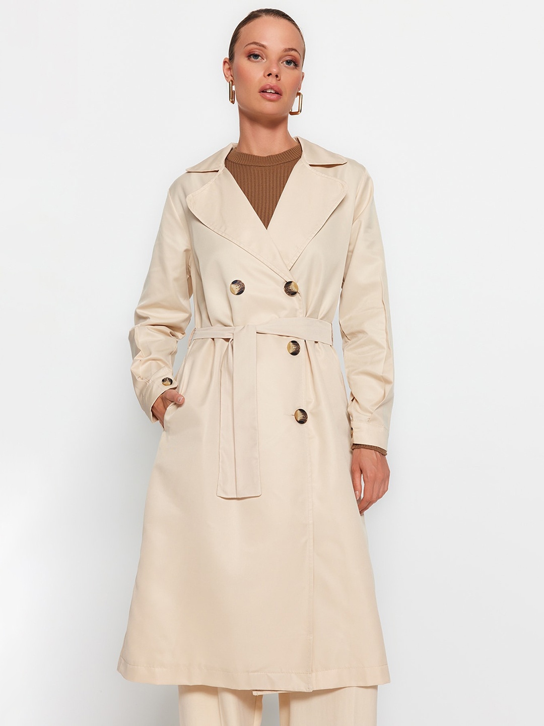 

Trendyol Notched Lapel Double-Breasted Overcoat, Beige