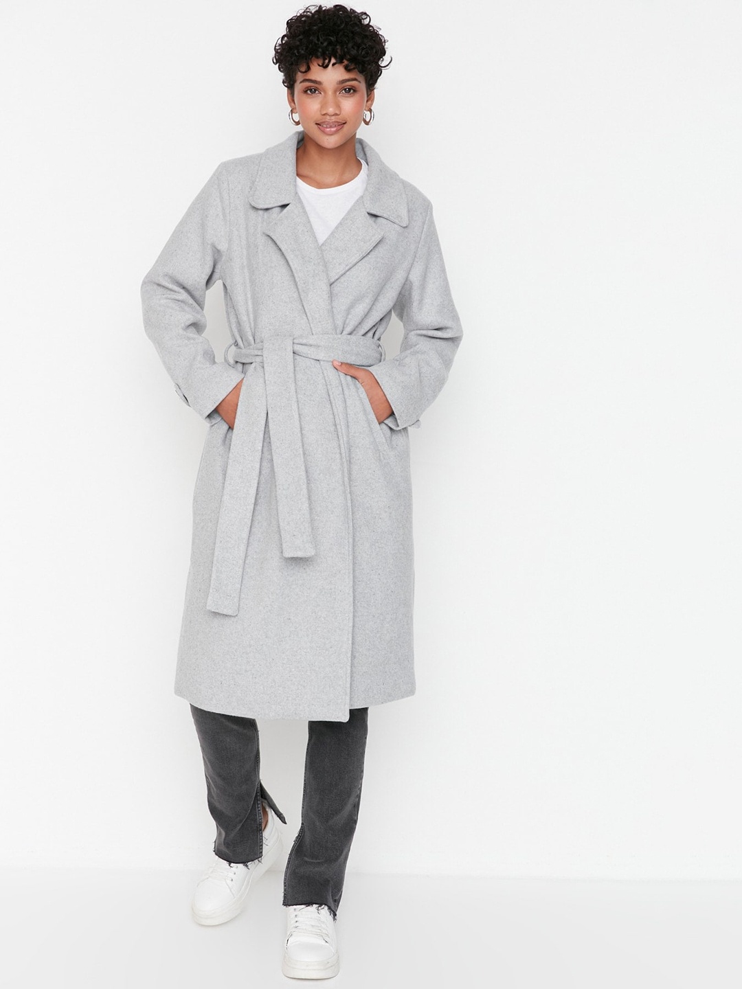 

Trendyol Notched Lapel Longline Wrap coat, Grey