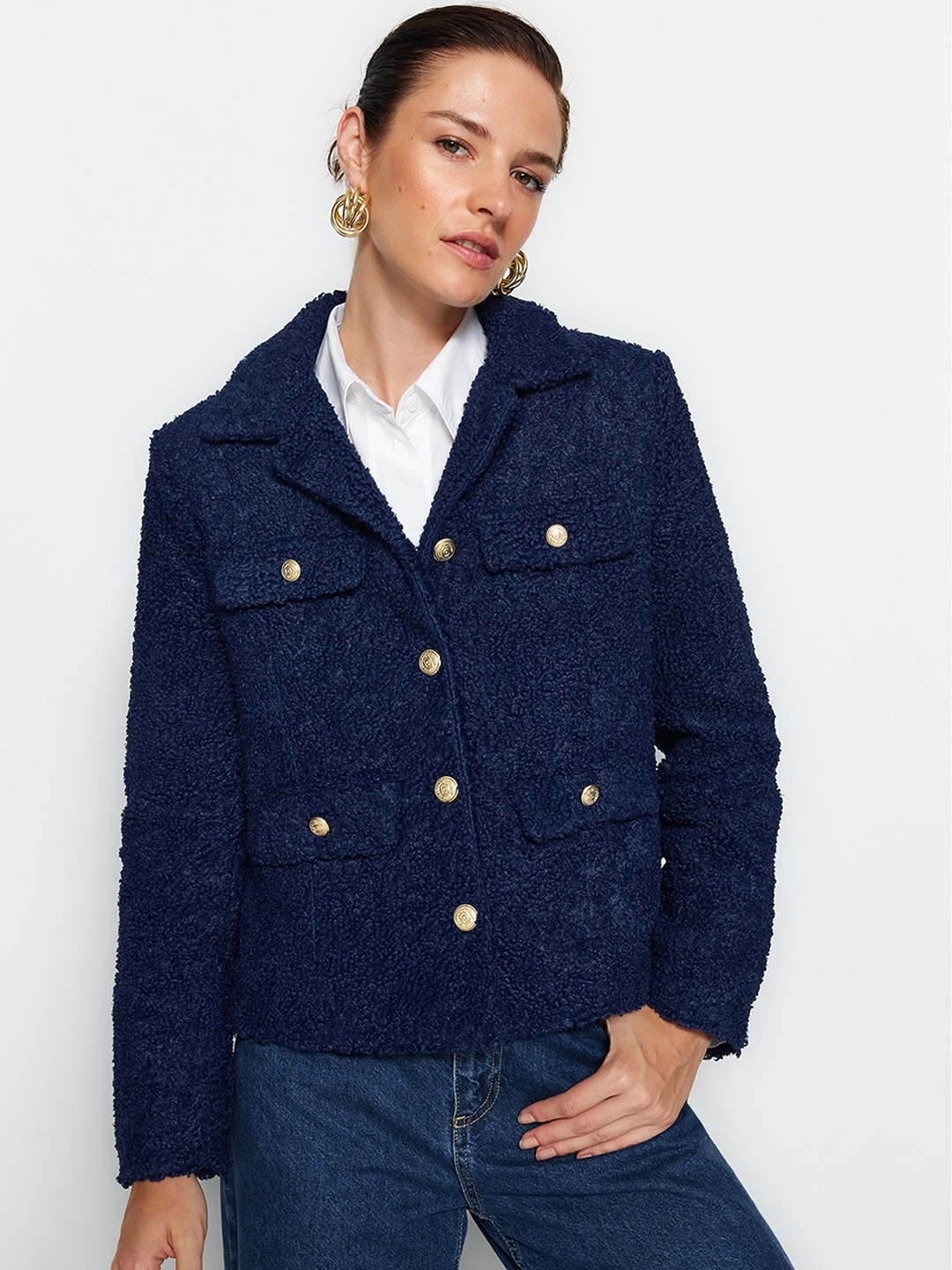 

Trendyol Notched Lapel Overcoat, Blue