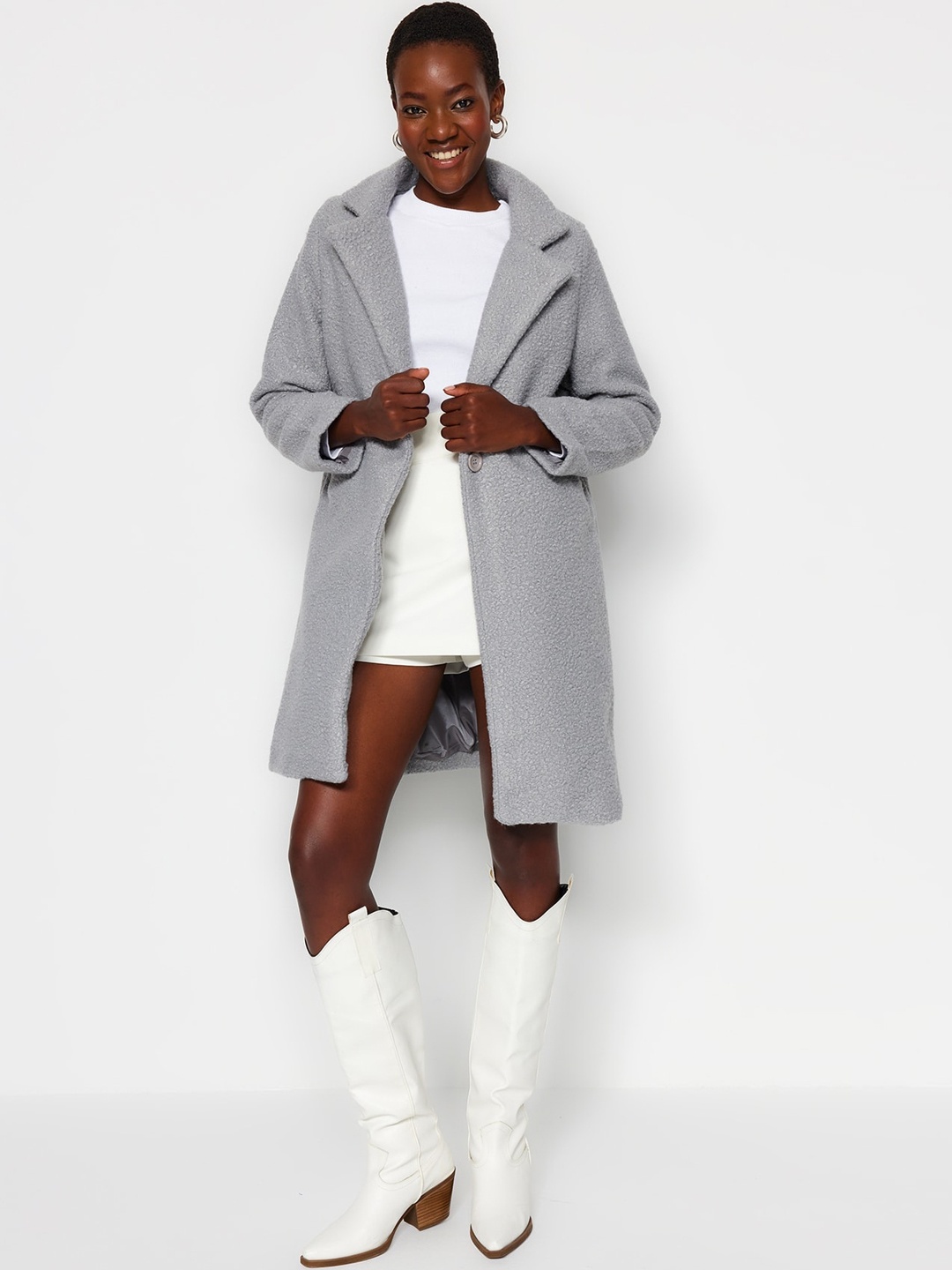 

Trendyol Single-Breasted Longline Overcoat, Grey