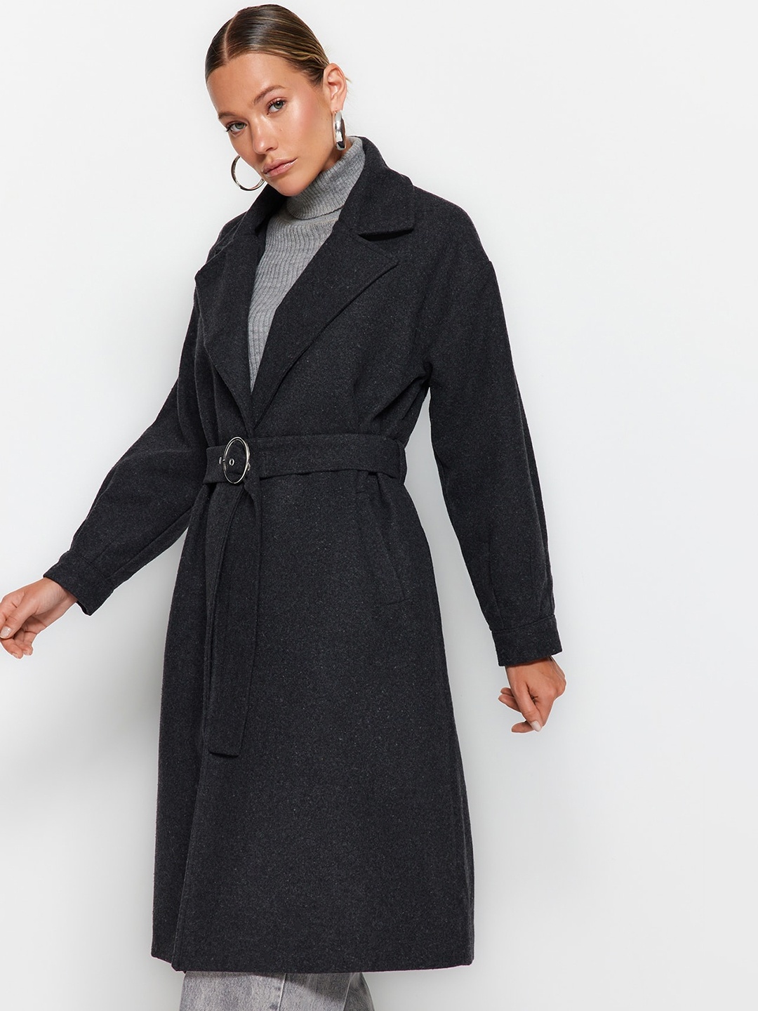 

Trendyol Single-Breasted Notched Lapel Collar Overcoat, Grey