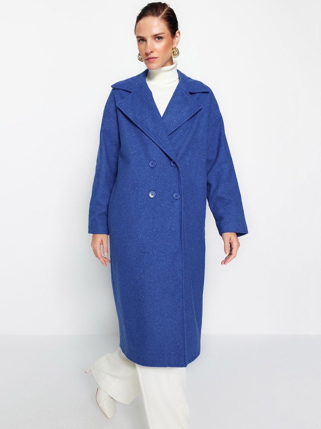 

Trendyol Notched Lapel Collar Double-Breasted Long Sleeves Longline Overcoat, Blue