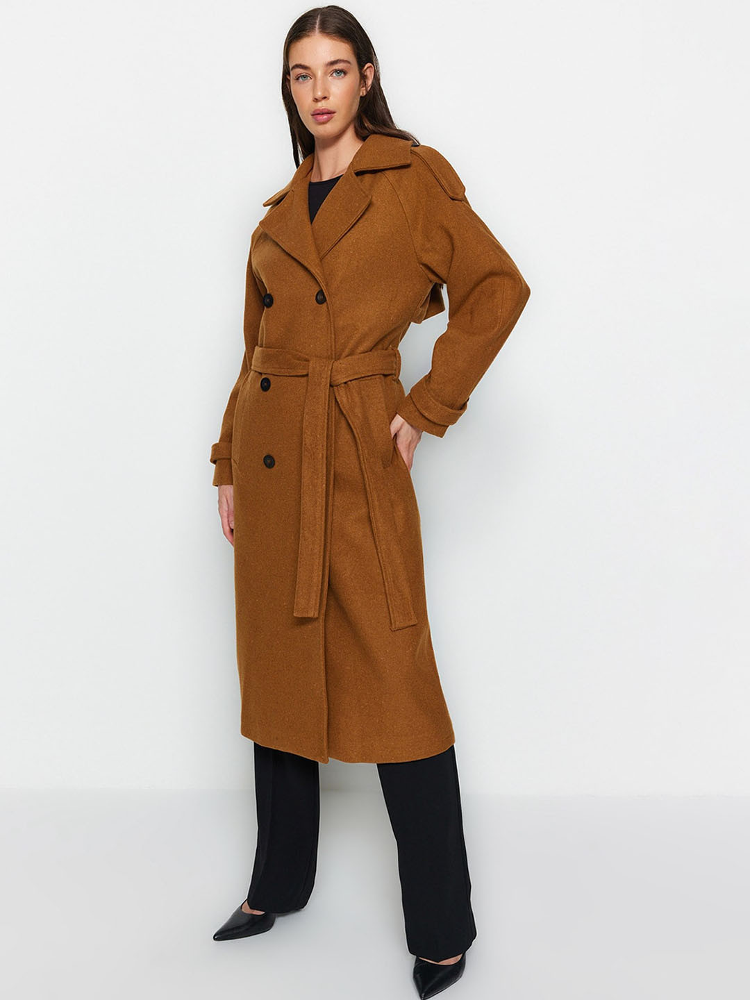 

Trendyol Notched Lapel Longline Trench Coat, Brown