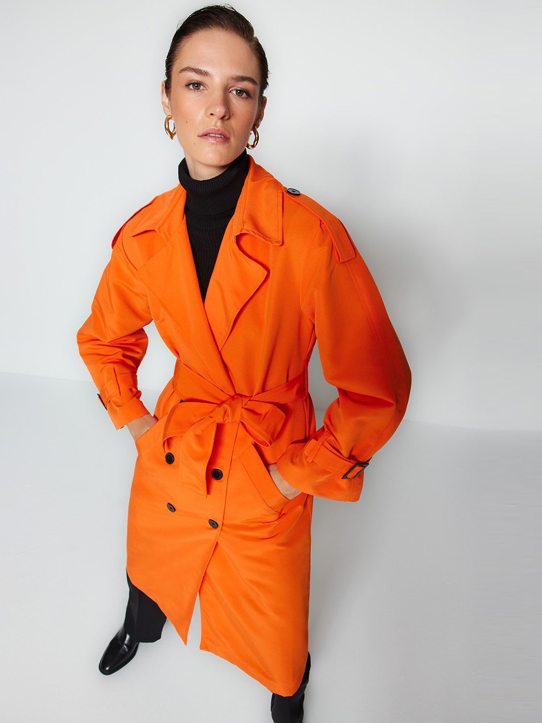 

Trendyol Regular Fit Notched Lapel Long Sleeves Double-Breasted Overcoat, Orange