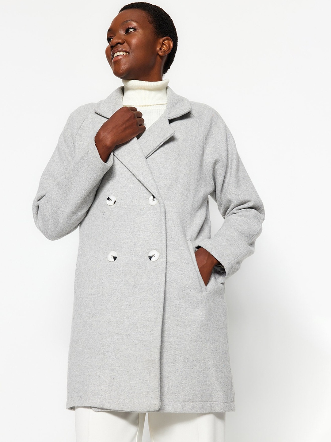 

Trendyol Notched Lapel Collar Double-Breasted Overcoat, Grey