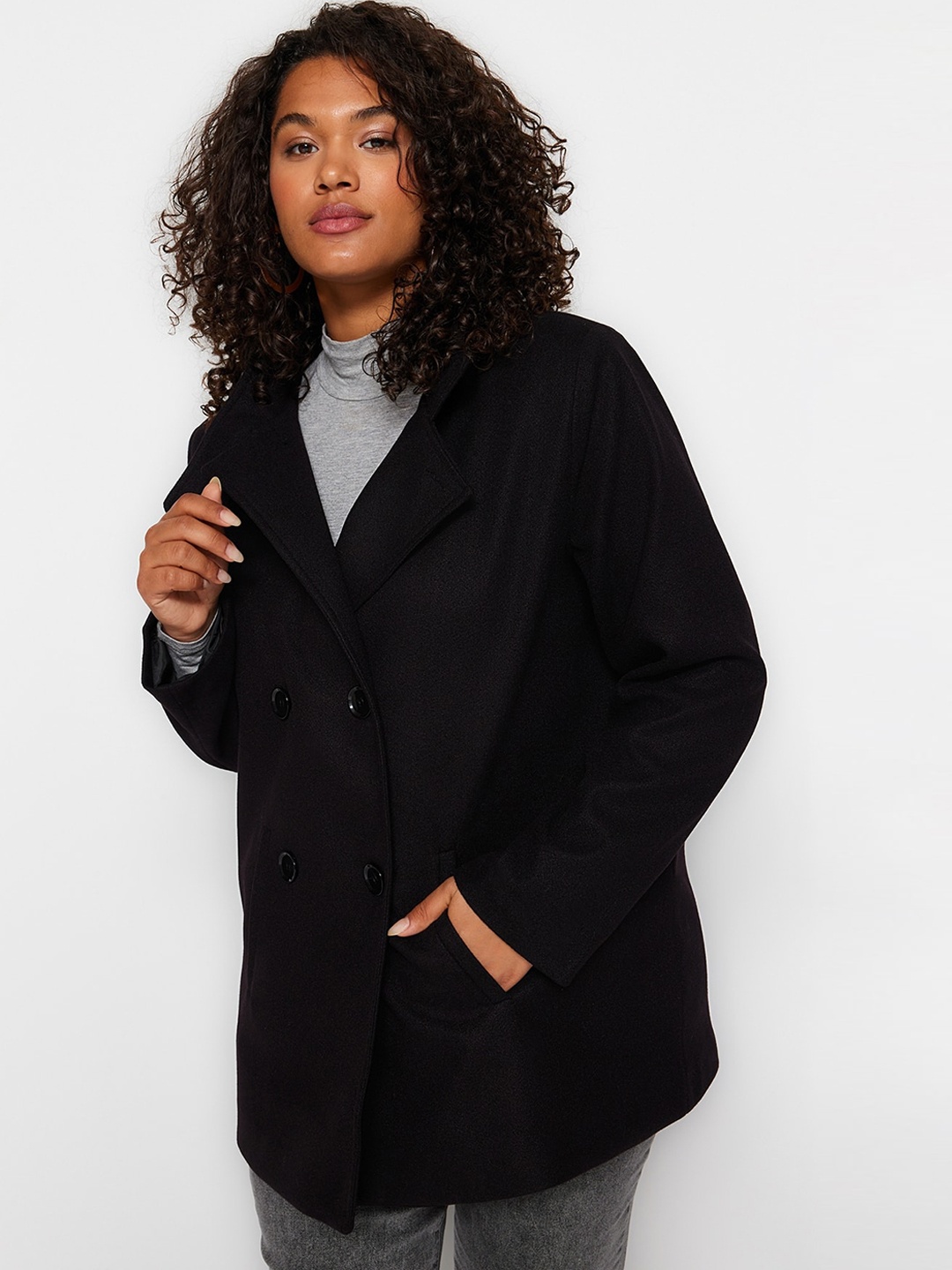 

Trendyol Notched Lapel Collar Double-Breasted Longline Overcoat, Black