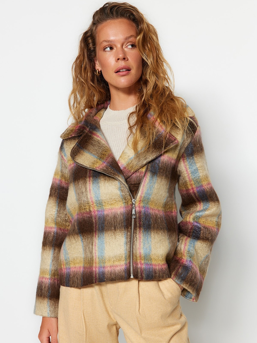 

Trendyol Checked Notched Lapel Overcoat, Brown