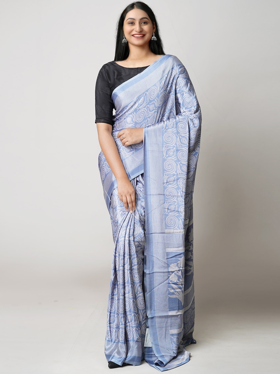

Unnati Silks Floral Printed Block Print Saree, Blue