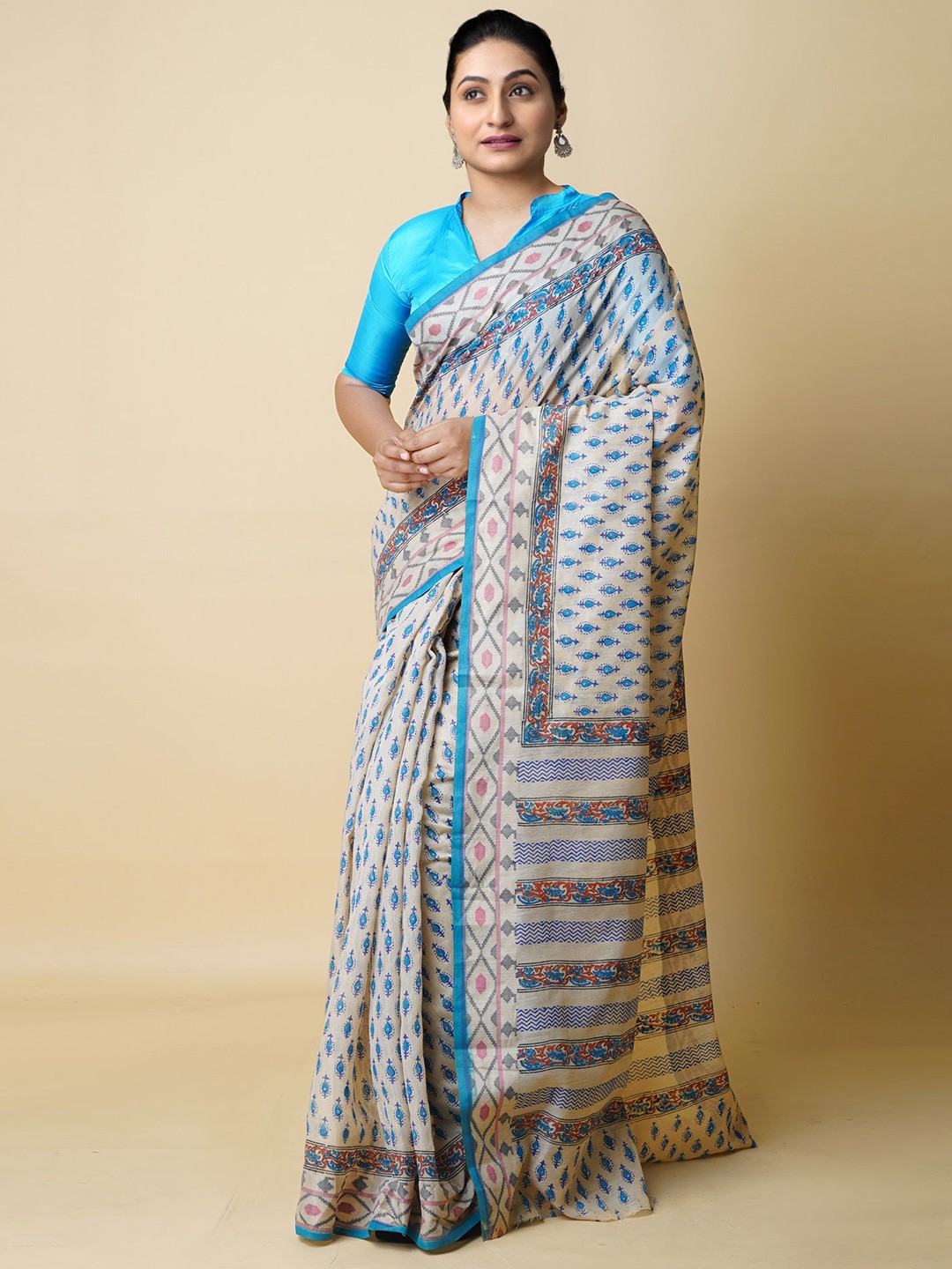 

Unnati Silks Ethnic Motifs Silk Cotton Chanderi Saree, Cream
