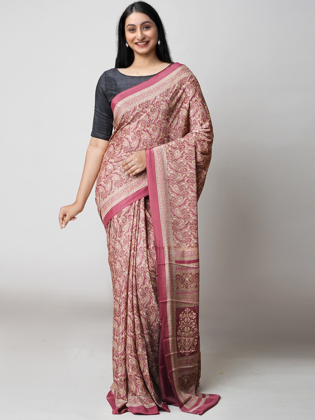 

Unnati Silks Ethnic Motifs Block Print Saree, Pink