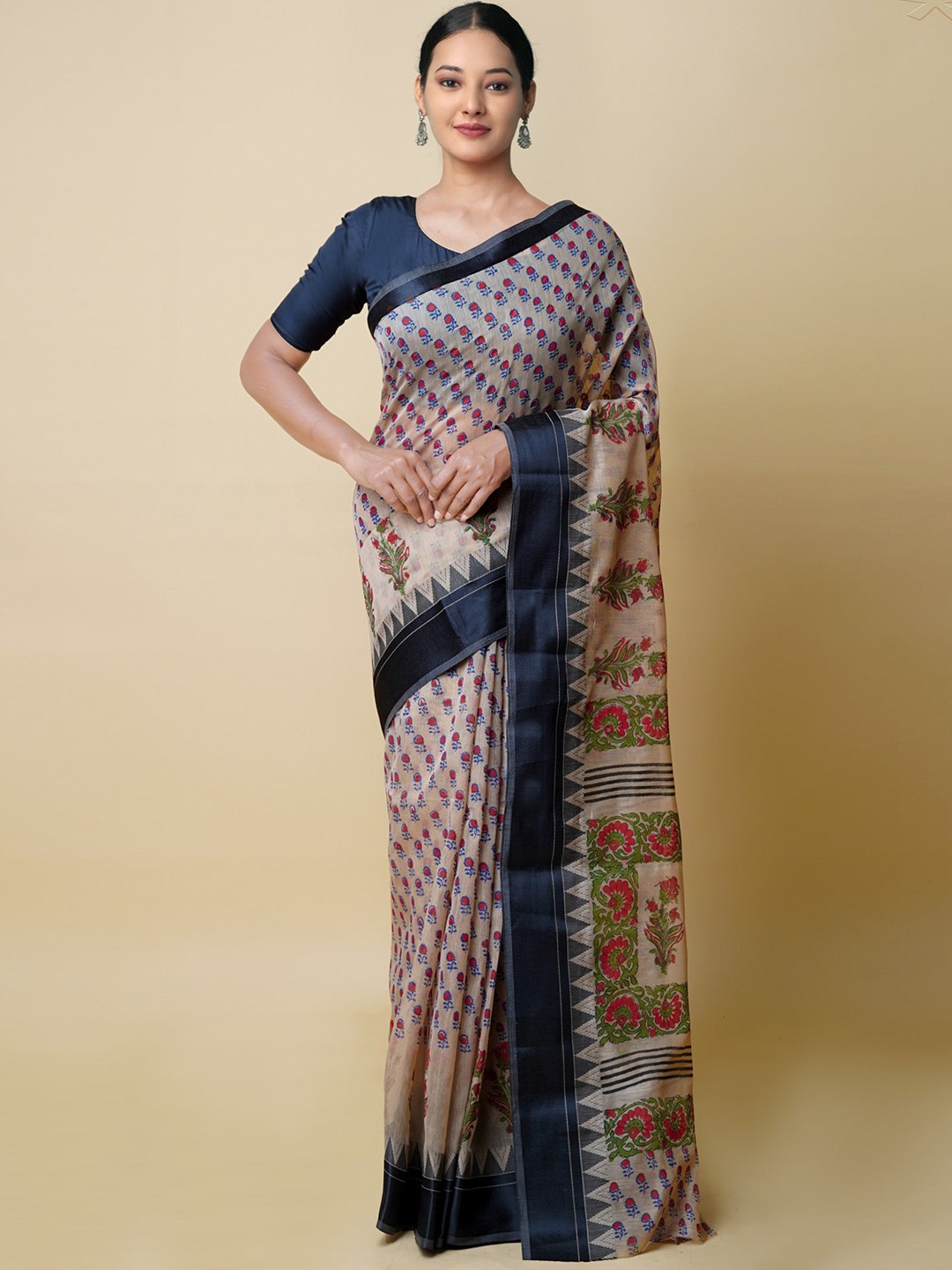 

Unnati Silks Floral Silk Cotton Chanderi Saree, Cream