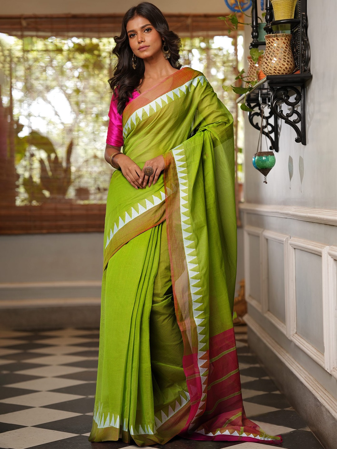 

Unnati Silks Woven Design Zari Pure Cotton Mangalagiri Saree, Green