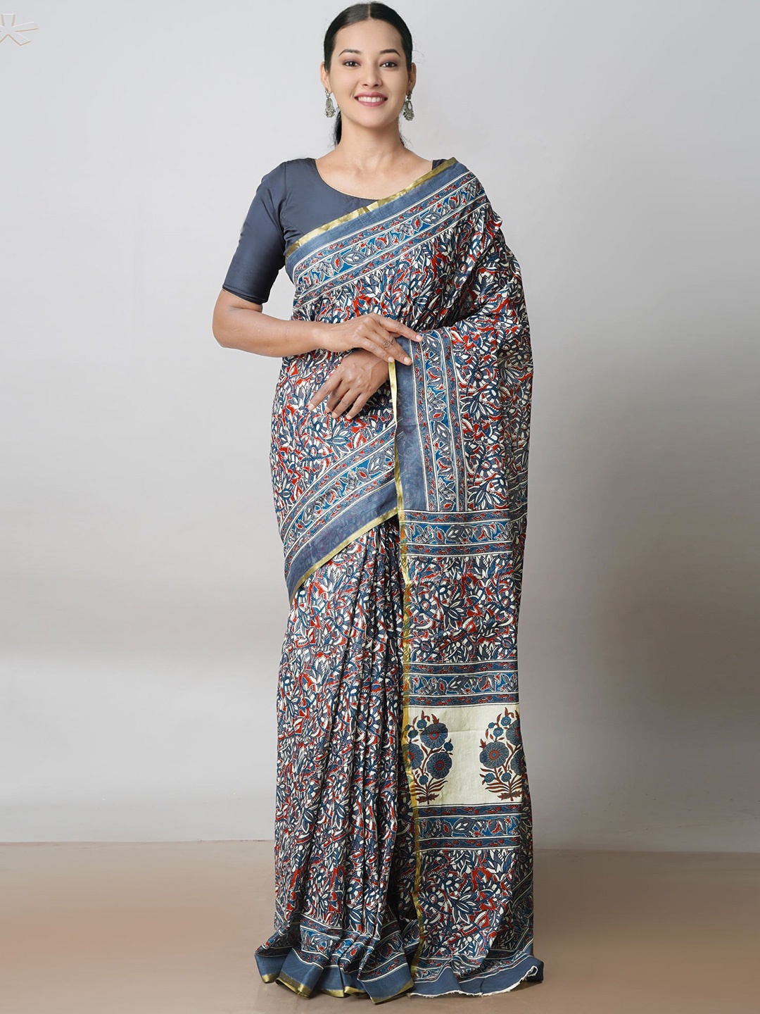 

Unnati Silks Ajrak Printed Zari Pure Cotton Saree, Blue