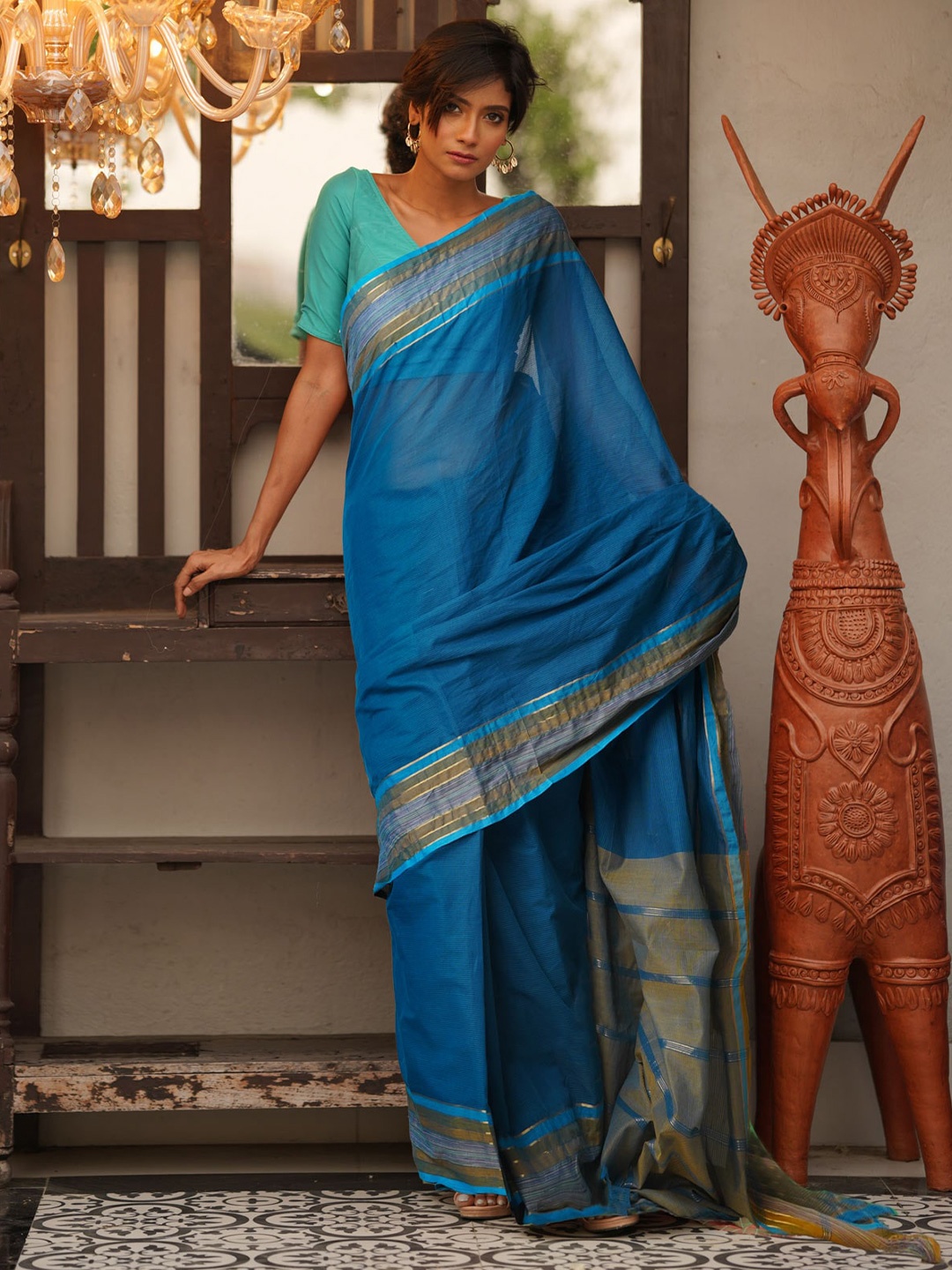 

Unnati Silks Woven Design Zari Pure Cotton Mangalagiri Saree, Blue