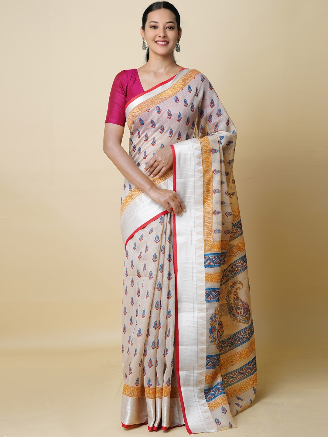 

Unnati Silks Cream-Coloured & Blue Ethnic Motifs Zari Silk Cotton Handloom Chanderi Saree