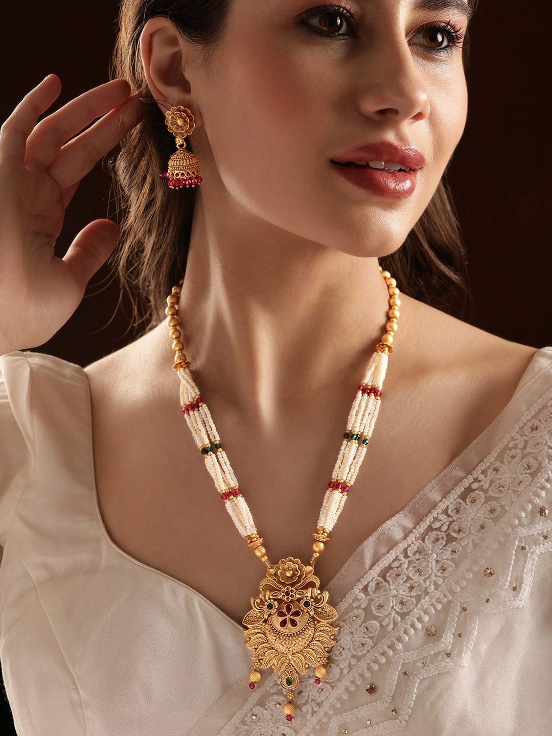 

Rubans 22K Gold Plated Ruby & Emerald Studded Pearl Multistrand & Gold Beaded Jewellery Set