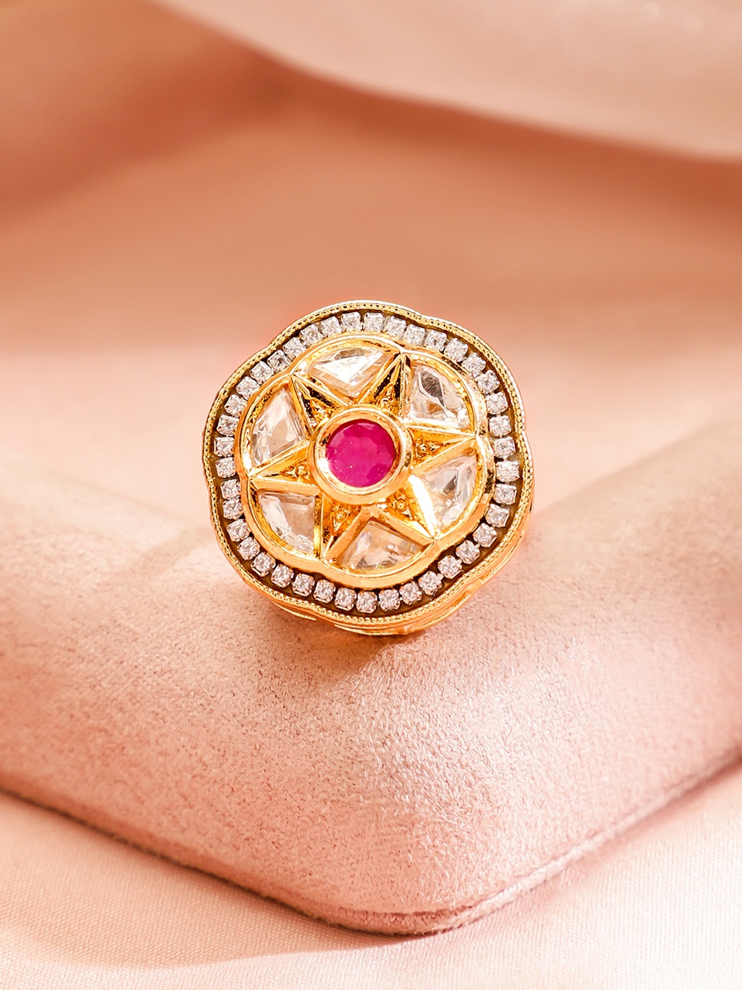 

Rubans 18K Gold Plated Ruby With Kundan & Cubic Zirconia Studded Adjustable Finger Ring