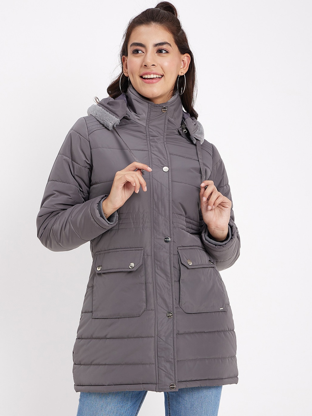 

Okane Hooded Faux Fur Trim Detailed Lightweight Longline Padded Jacket, Grey