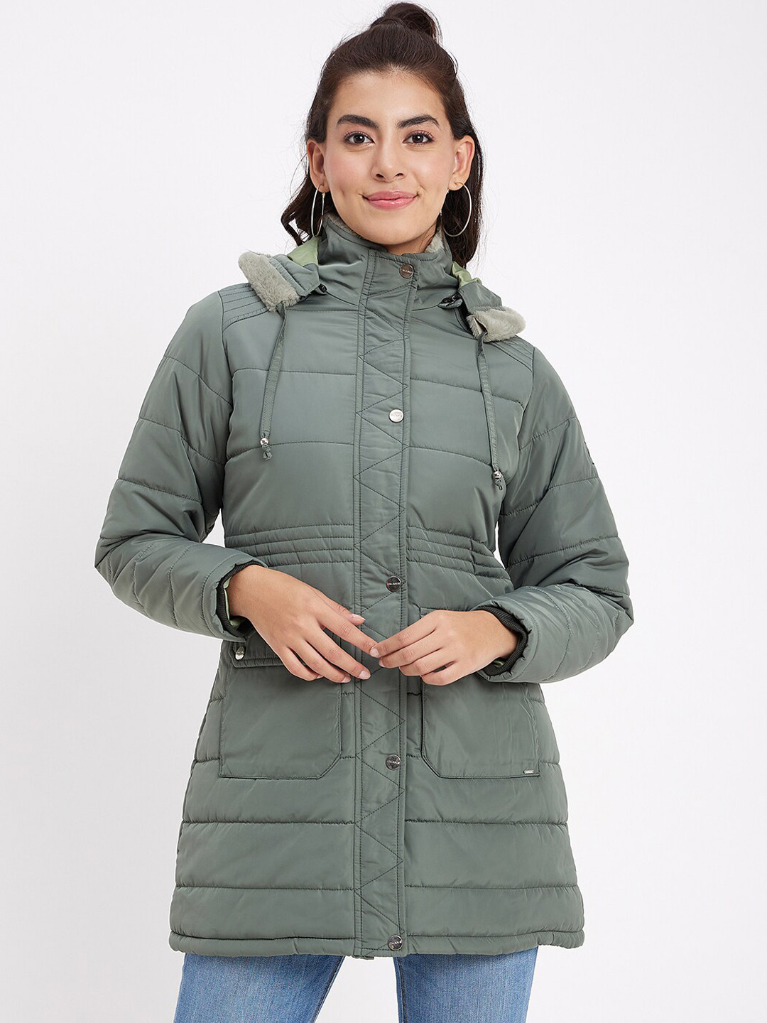 

Okane Hooded Faux Fur Trim Detailed Lightweight Longline Padded Jacket, Green