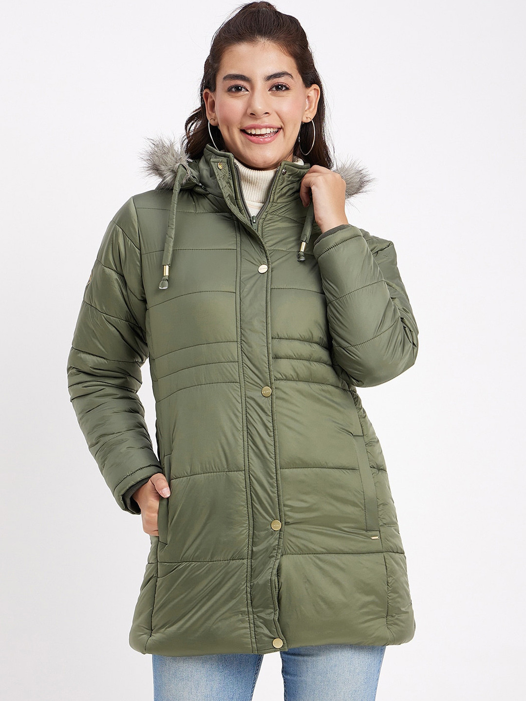 

Okane Hooded Faux Fur Trim Detailed Lightweight Longline Padded Jacket, Olive