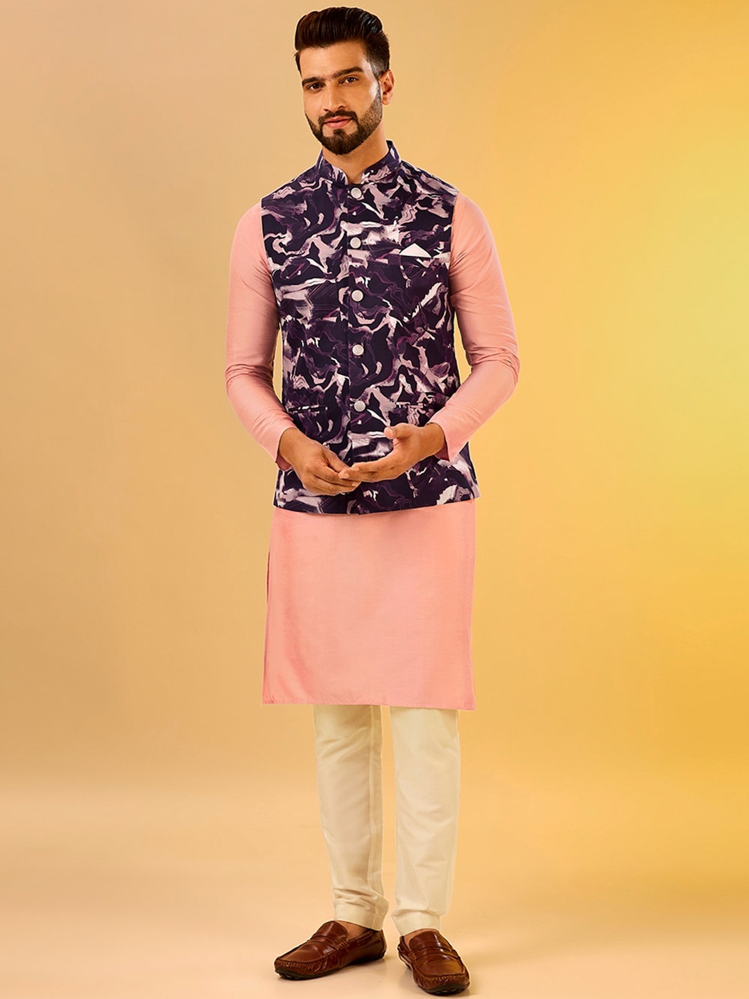 

KISAH Mandarin Collar Kurta With Trousers & Printed Nehru Jacket, Pink