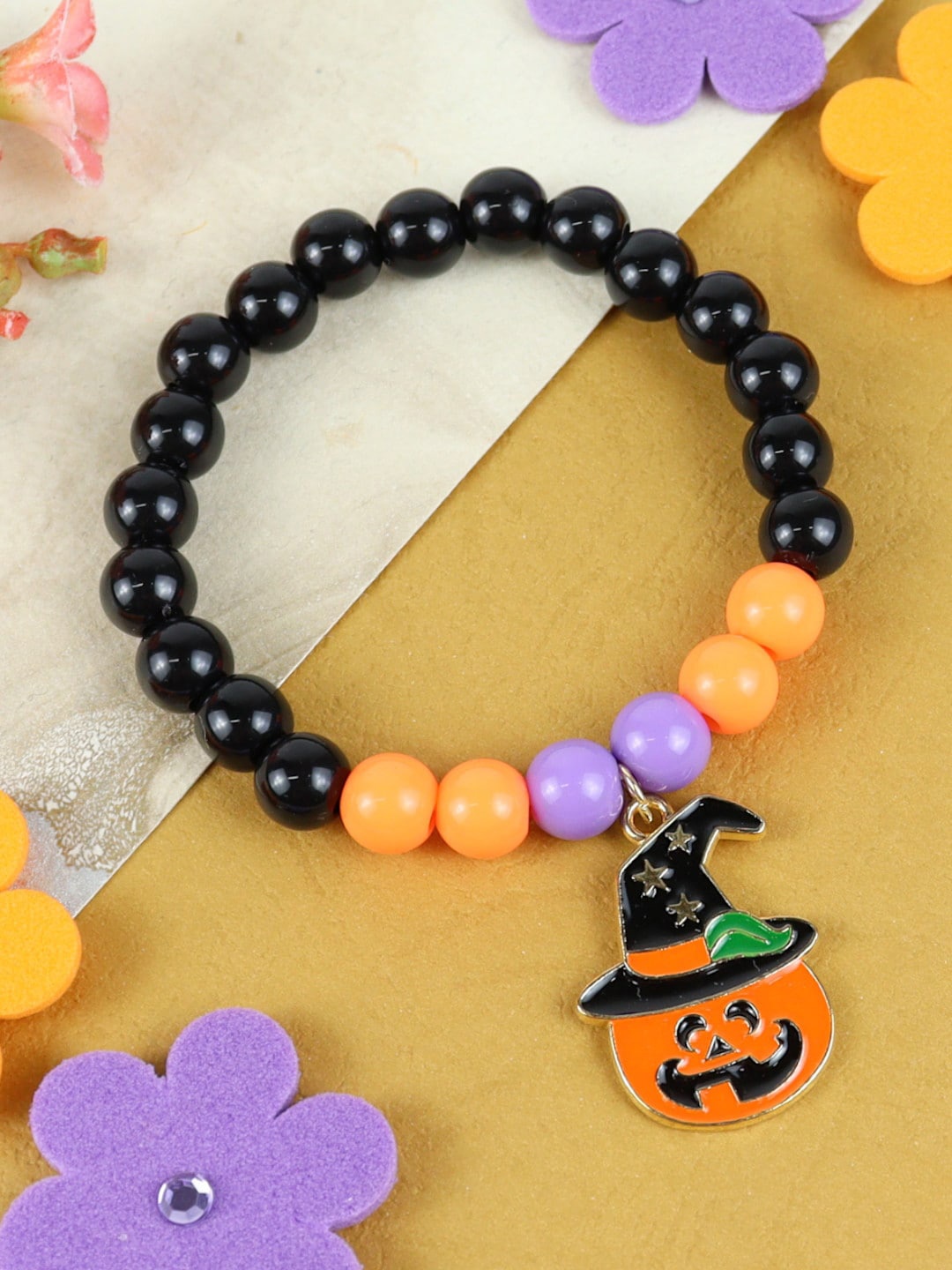 

Asthetika Kids Girls Beaded Halloween Pumpkin Charm Bracelet, Black