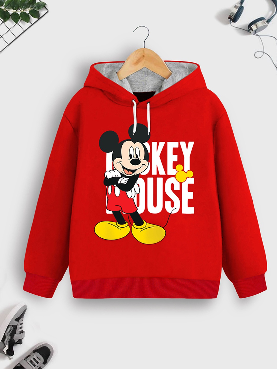 

YK Disney Boys Mickey Mouse Printed Hooded Cotton Sweatshirt, Red