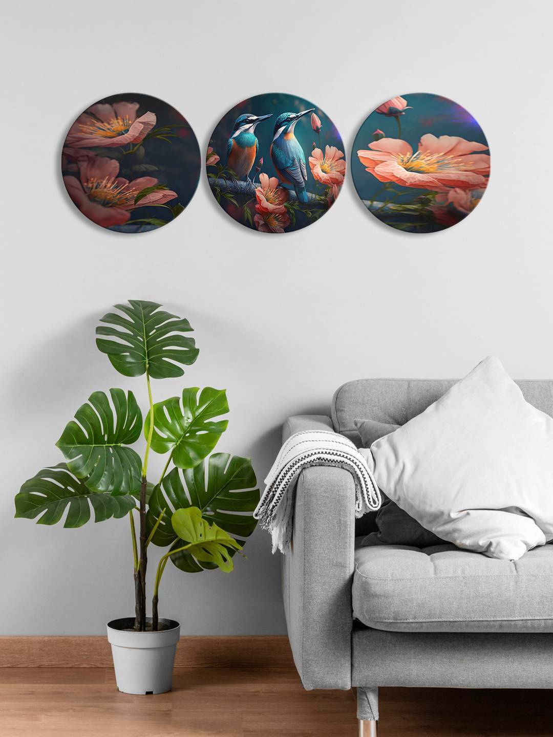 

999Store Peach Colored & Blue 3 Pieces Round Painting Wall Arts