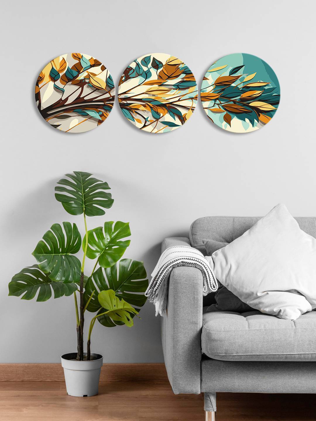 

999Store Green & Brown 3 Pieces Leaf Round Painting Wall Art