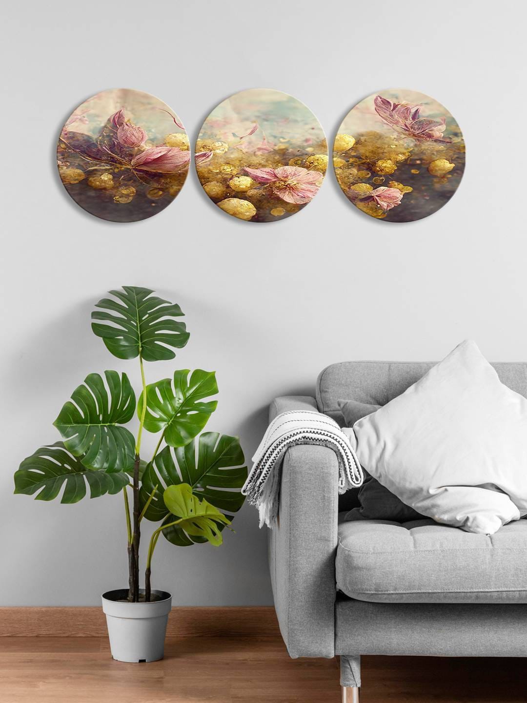 

999Store 3-Pieces Golden & Pink Flower And Leaf Round Painting Wall Art, Gold