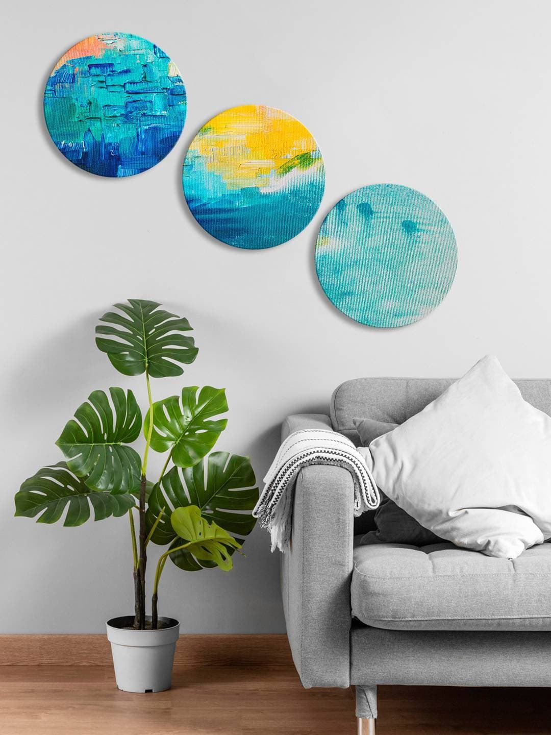 

999Store 3 Pieces Blue & Yellow Round Painting Wall Art