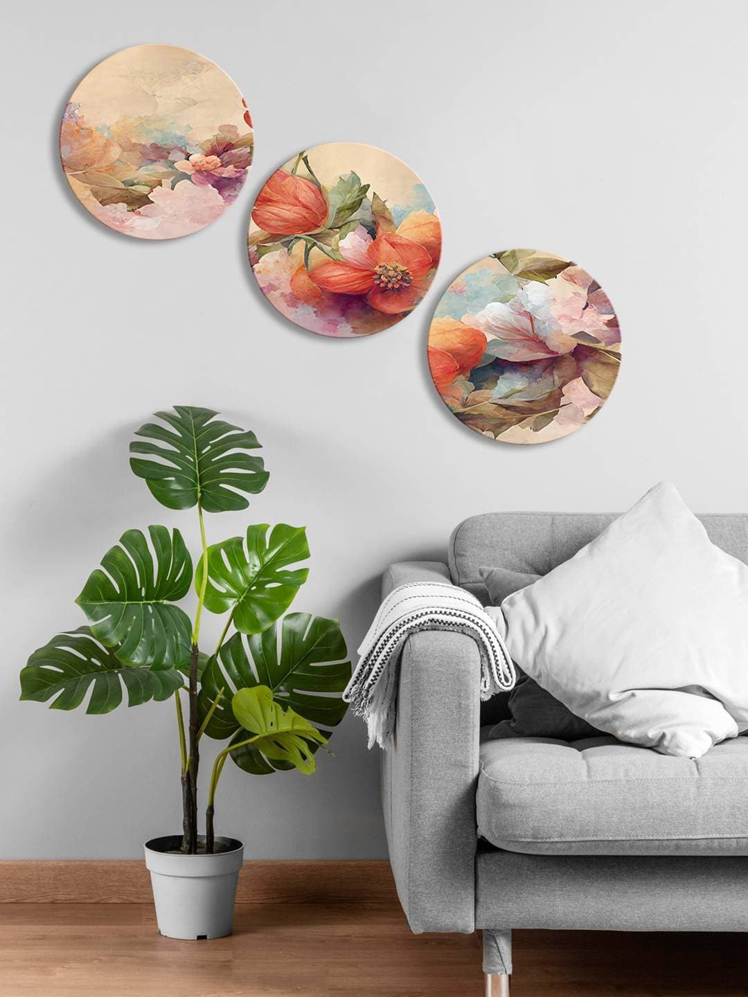 

999Store Brown 3 Pieces Colorful Breeze Flower Round Painting Wall Arts