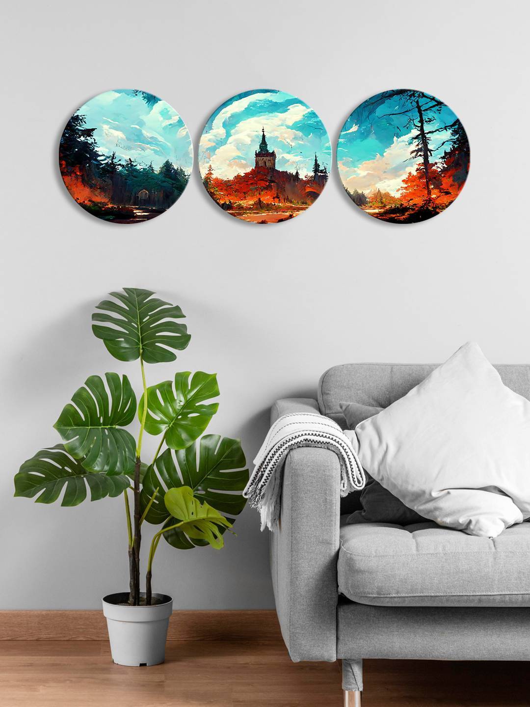 

999Store Blue & Red 3-Pieces Tree And Enchanted Kingdom Printed Framed Wall Art