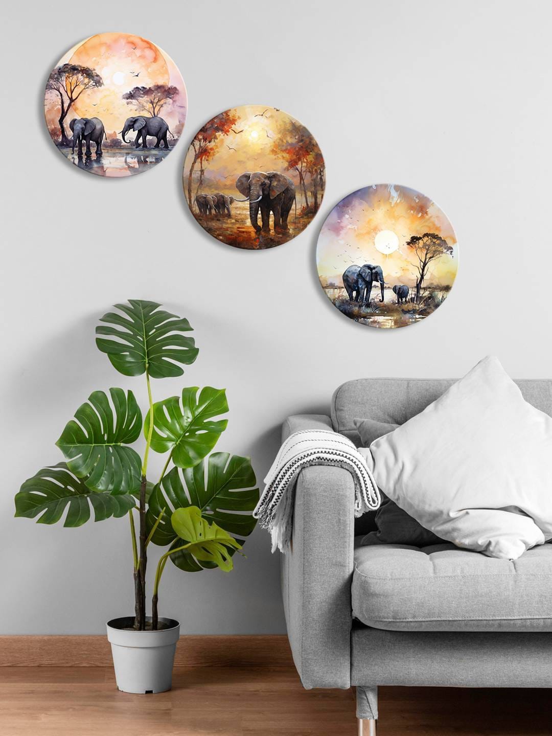 

999Store Brown & Grey 3 Pieces Round Painting Wall Arts