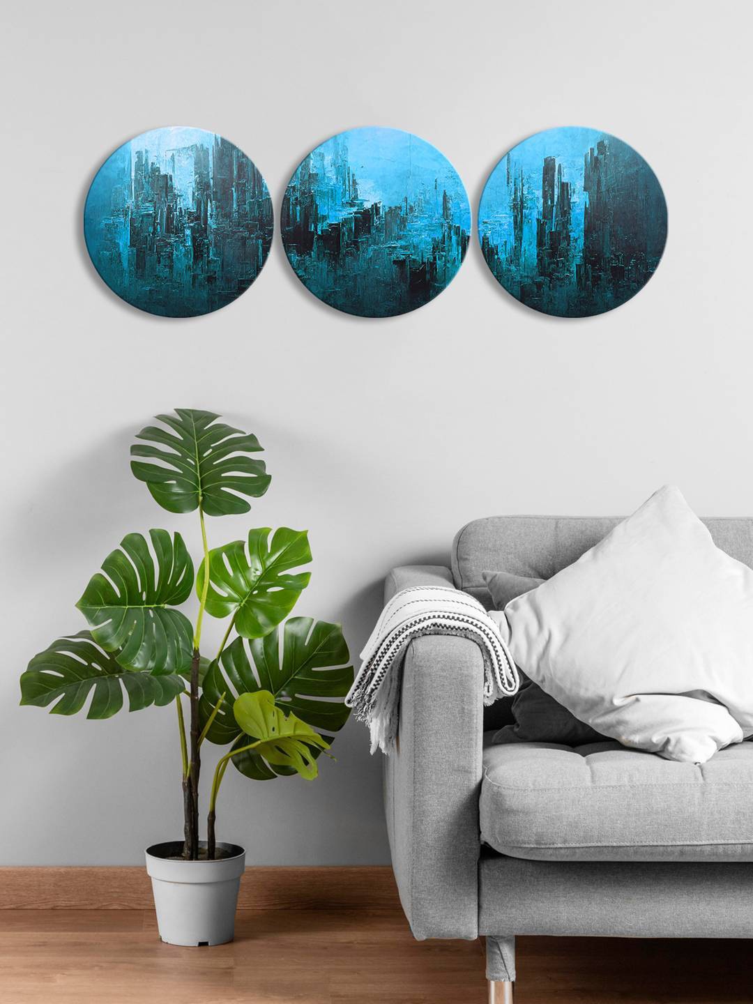 

999Store Blue & Grey 3 Pieces Abstract Round Painting Wall Art
