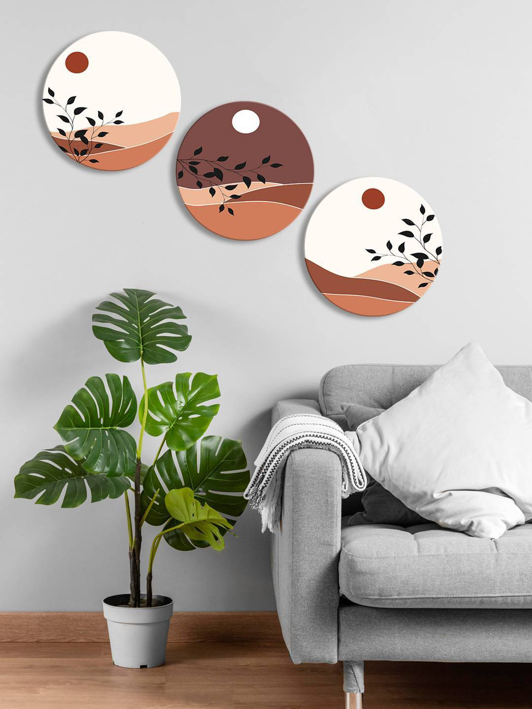 

999Store Brown & Off White 3 Pieces Round Painting Wall Art