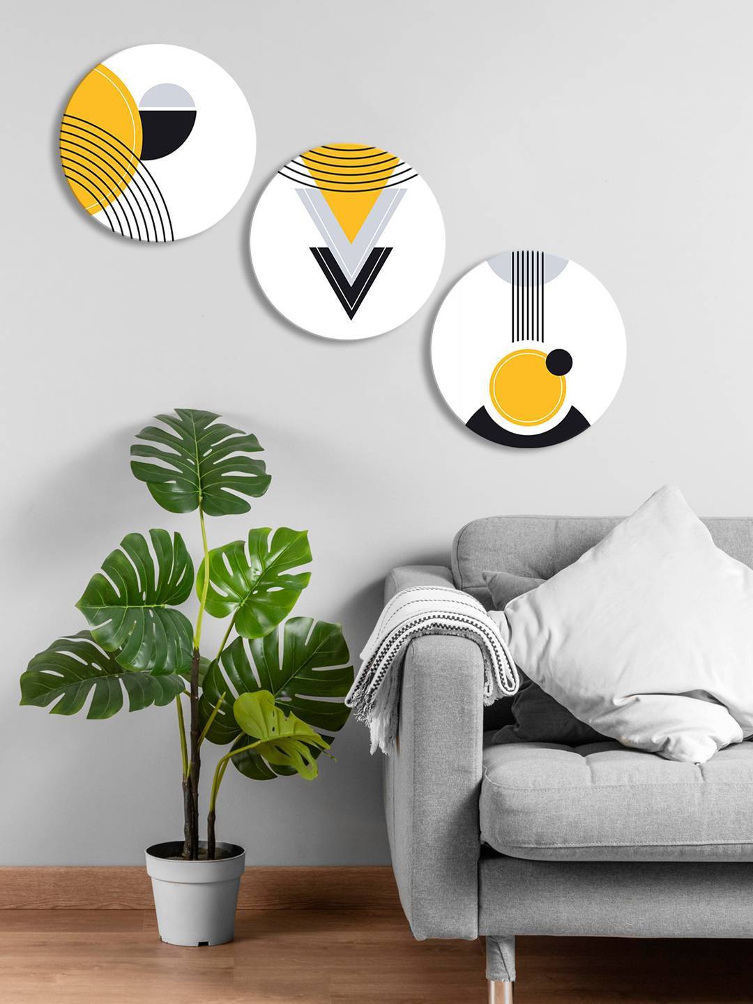 

999Store White & Yellow 3 Pieces Round Painting Wall Art
