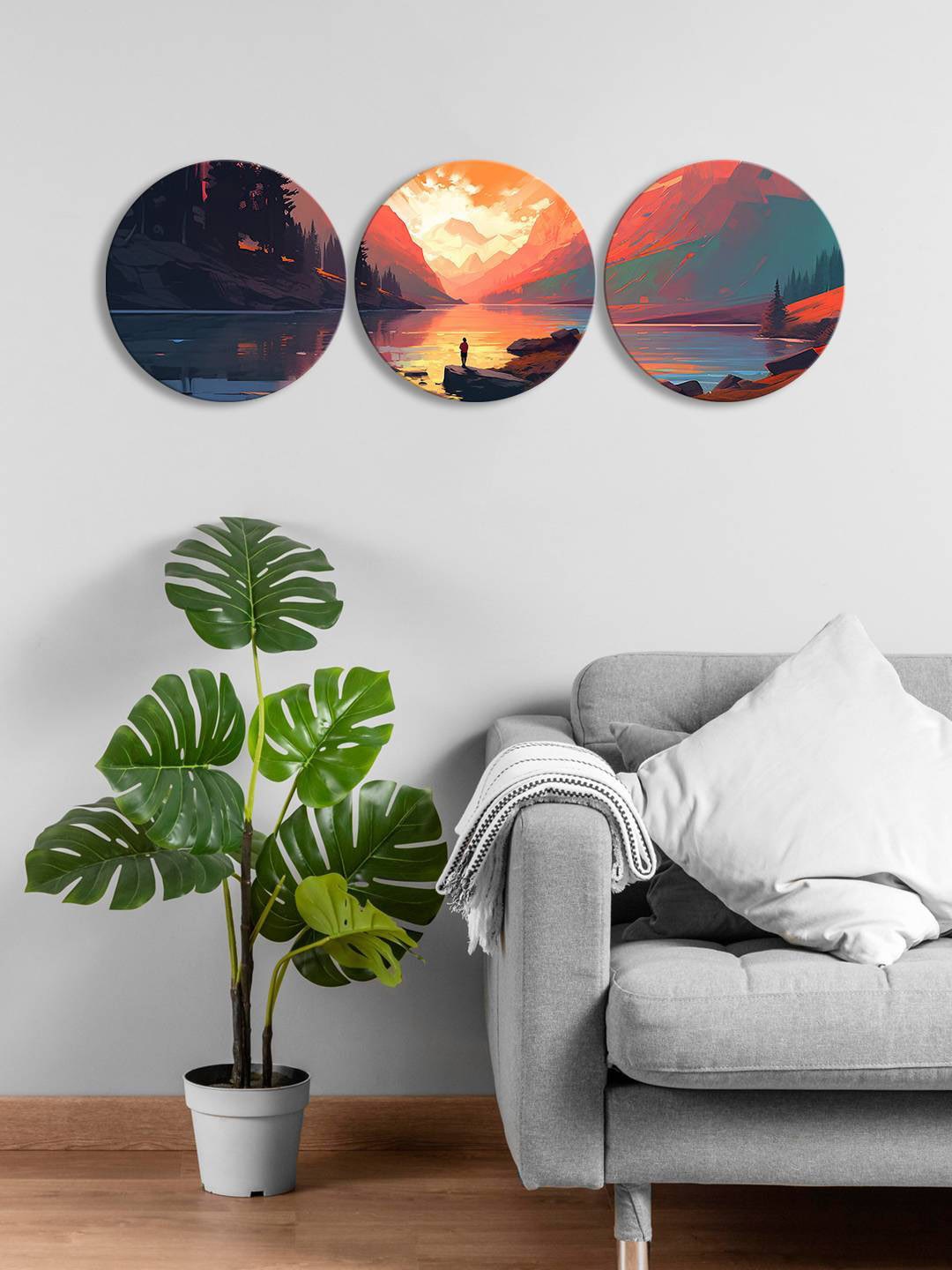 

999Store Orange & Black 3 Pieces Round Painting Wall Art