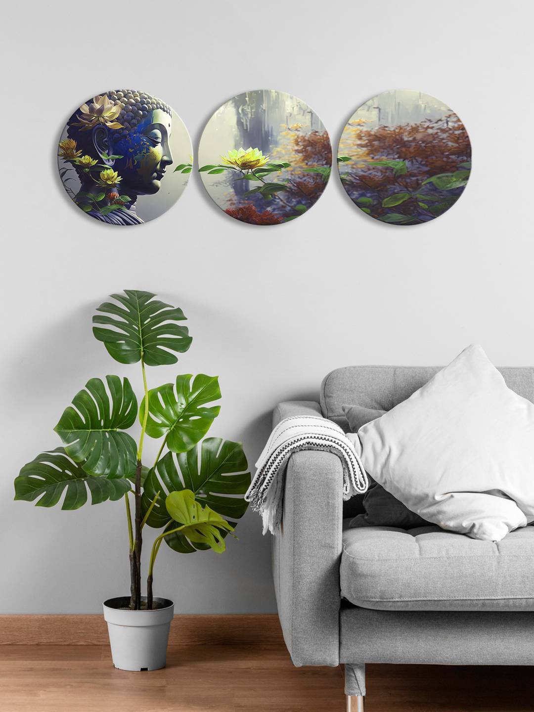 

999Store Grey & Green 3 Pieces Round Painting Wall Art