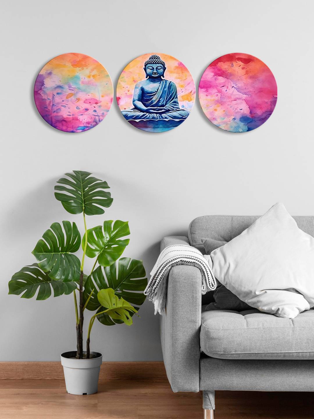 

999Store Pink & Grey 3 Pieces Round Painting Wall Art