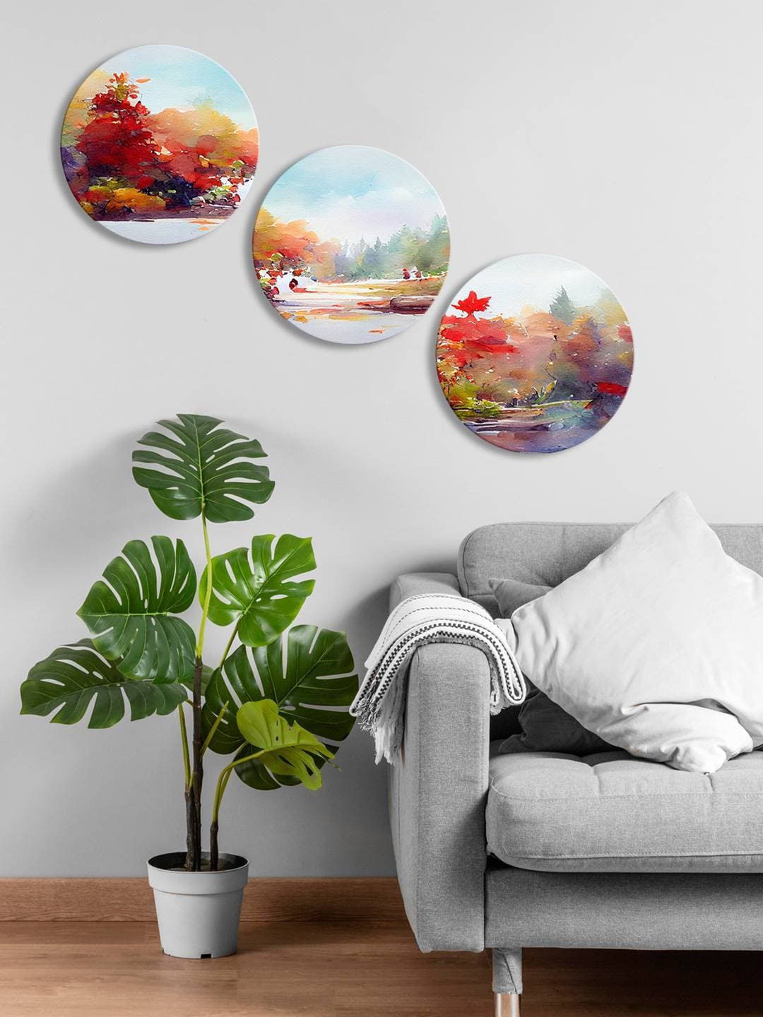 

999Store Blue & Red 3 Pieces Nature View With Lake Round Painting Wall Art