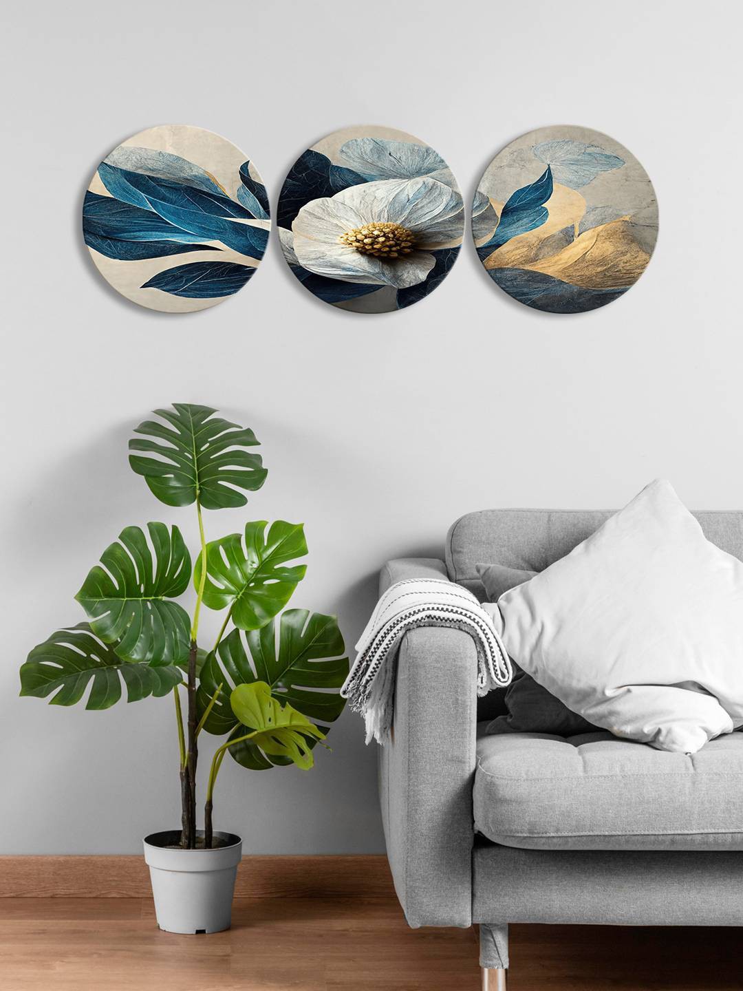 

999Store Grey & Blue 3-Pieces Flower Printed Framed Wall Art