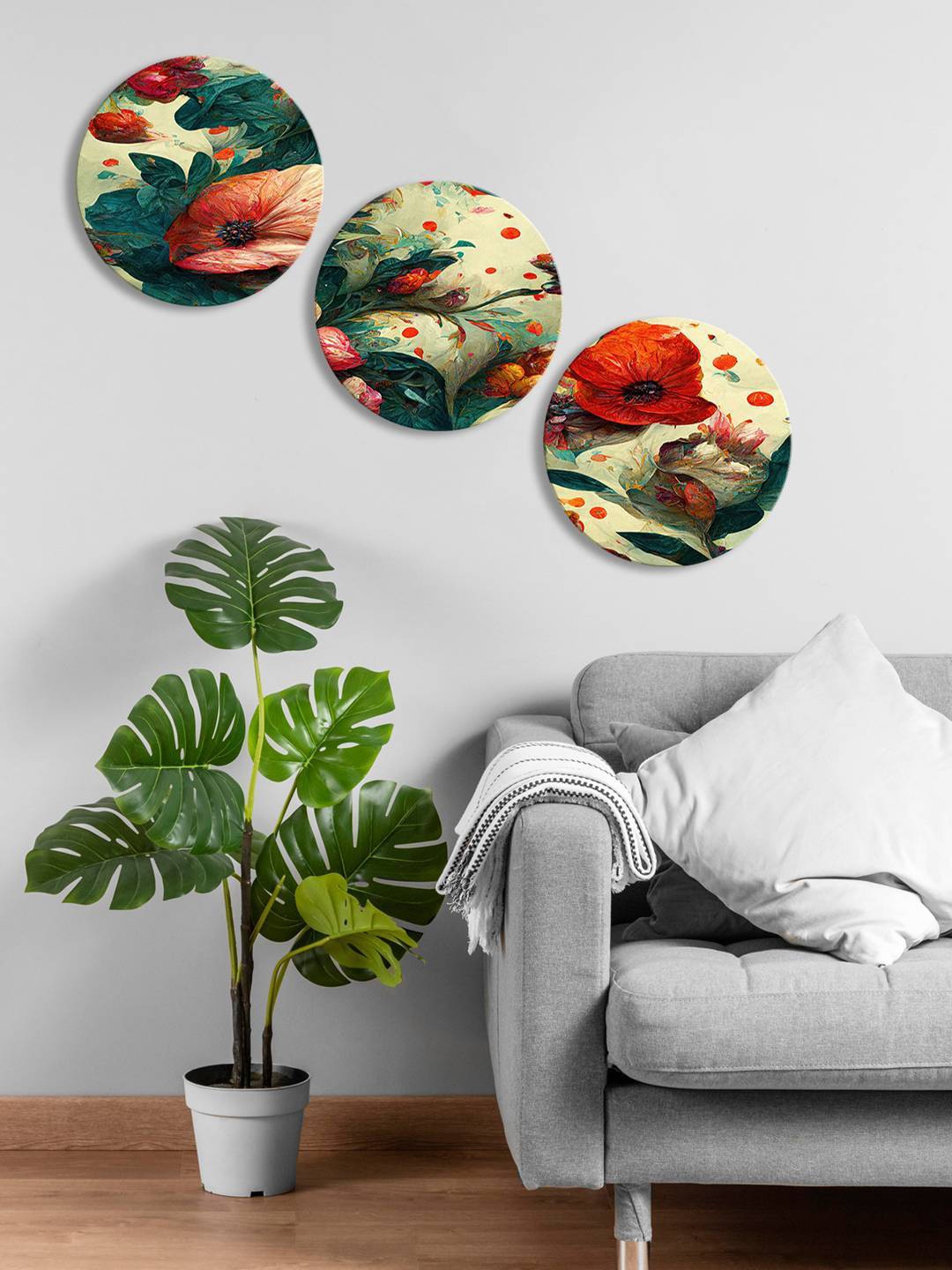 

999Store 3 Pieces Green & Red Round Flower Painting Wall Art