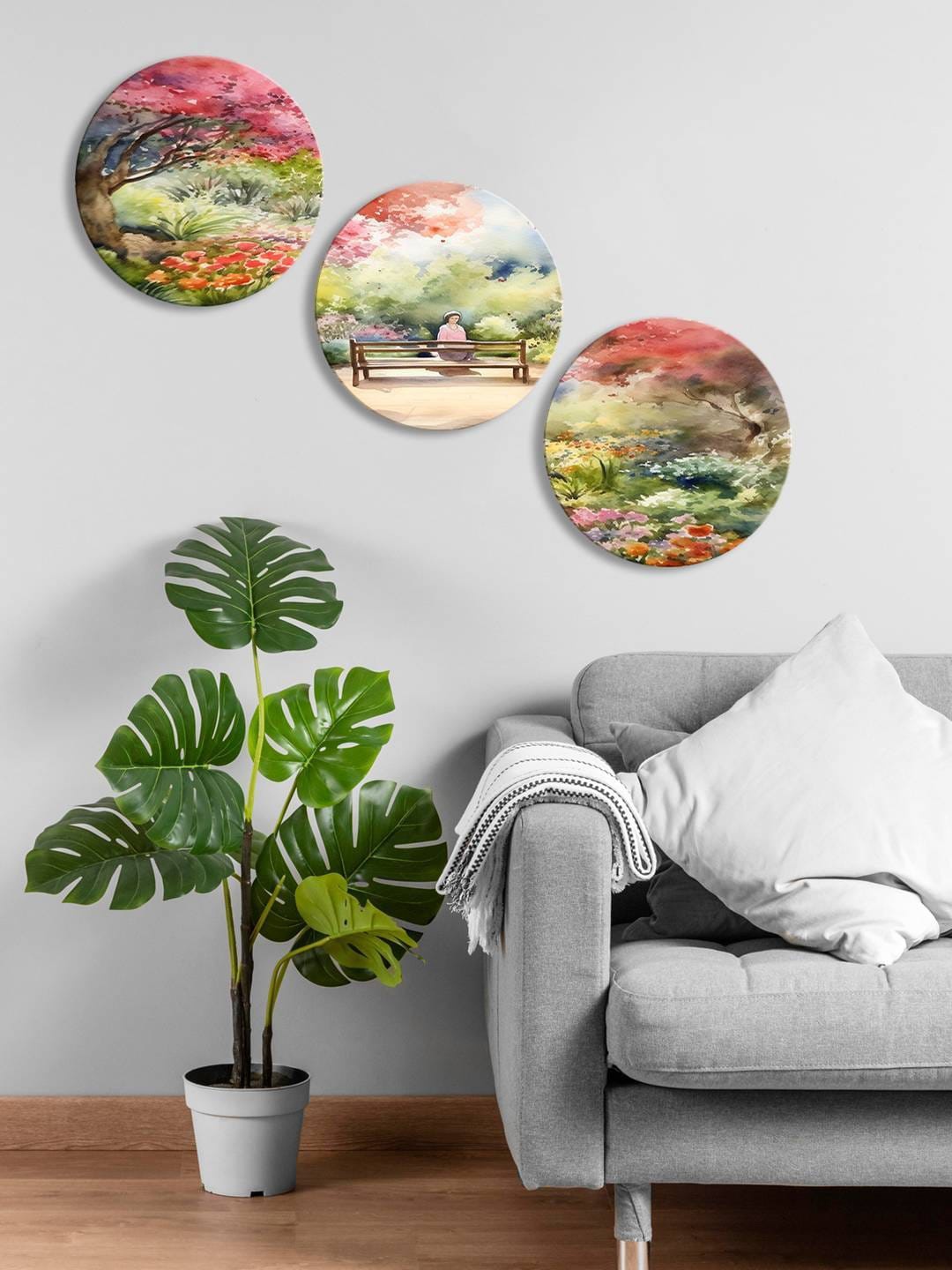 

999Store Green & Pink 3 Pcs Park View With Girl Sitting On Table Round Painting Wall Art